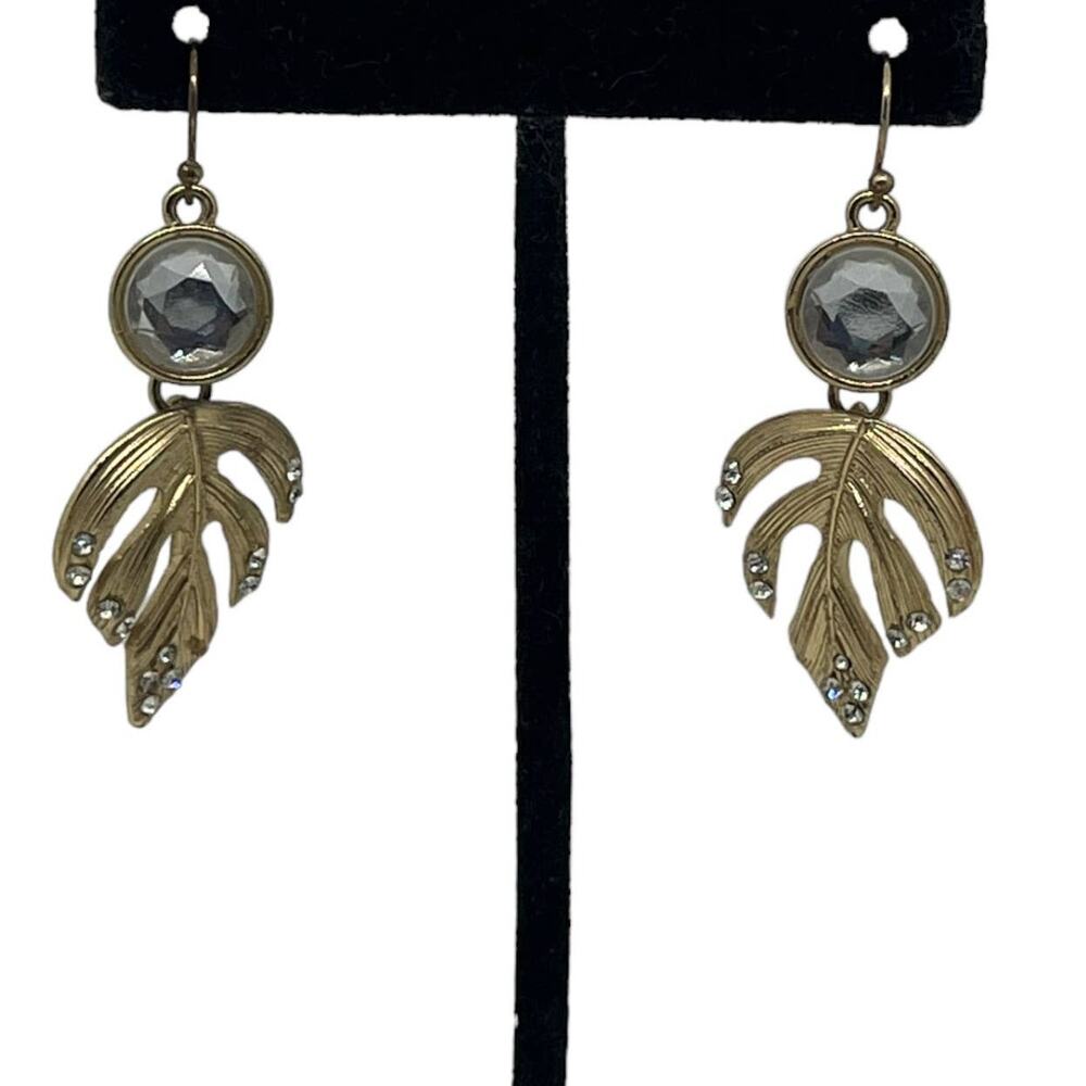Golden Jeweled Leaf Drop Earrings, 2" Long, 1" Wide